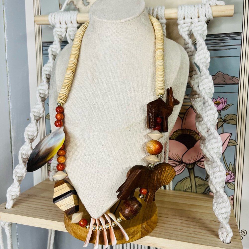 Vintage African Tribal‎ Style Necklace Wood and Shell Beaded Multicolor Boho